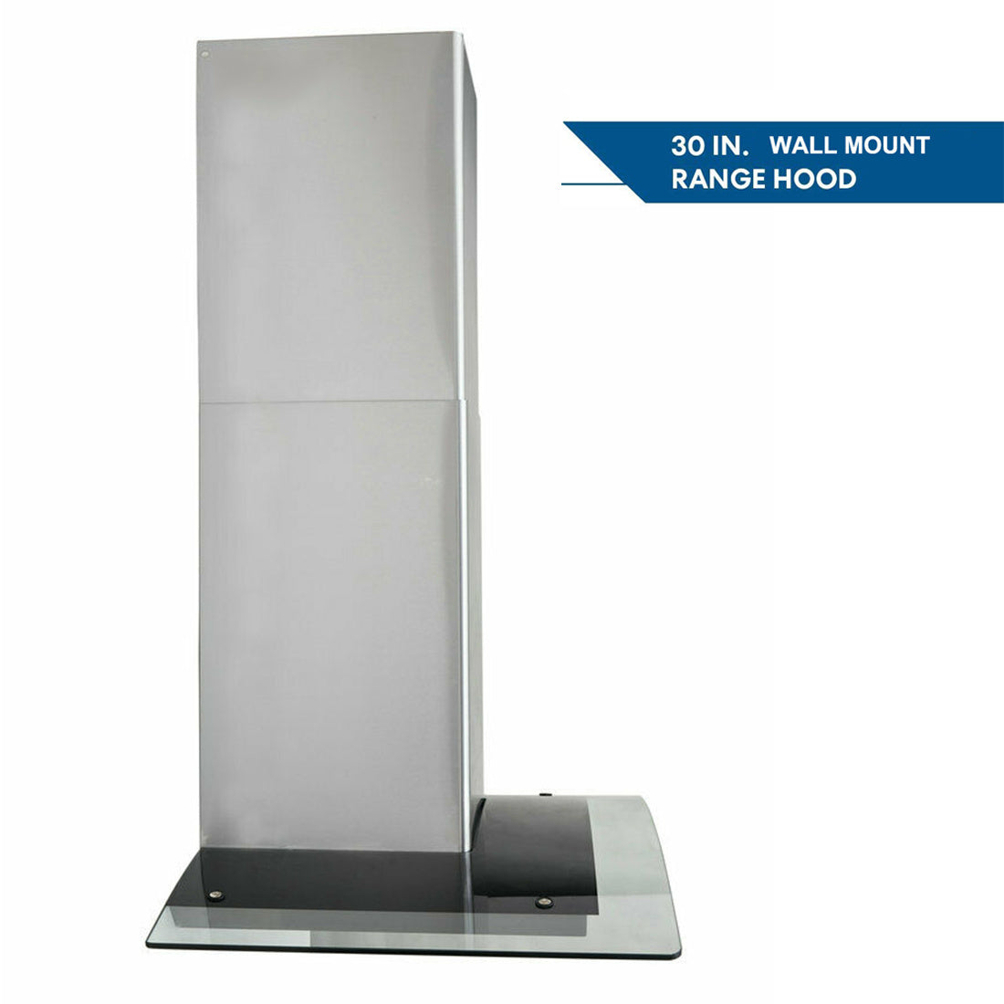 Wall-mounted range hood with tall chimney stack and glass mounting base