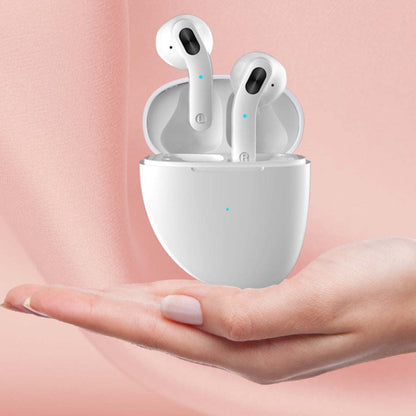 White marble-pattern charging case with two Bluetooth earbuds, blue indicator lights