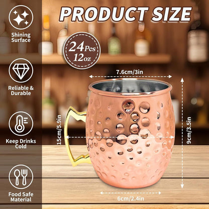 24 Pack 12 oz Moscow Mule Mugs Set Copper Cups Bulk Stainless Steel Rose Gold Moscow Mule Cups Tarnish Resistant Hammered Finish Chilled Coffee Mugs for Wedding Gift Cocktail Drinkware