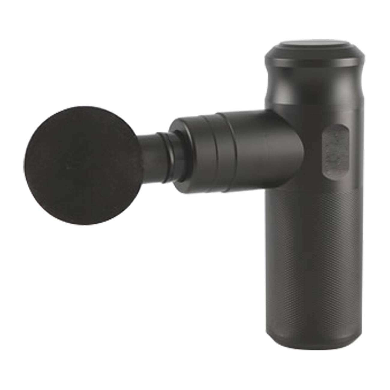 Black handheld percussive massage gun with round foam head attachment