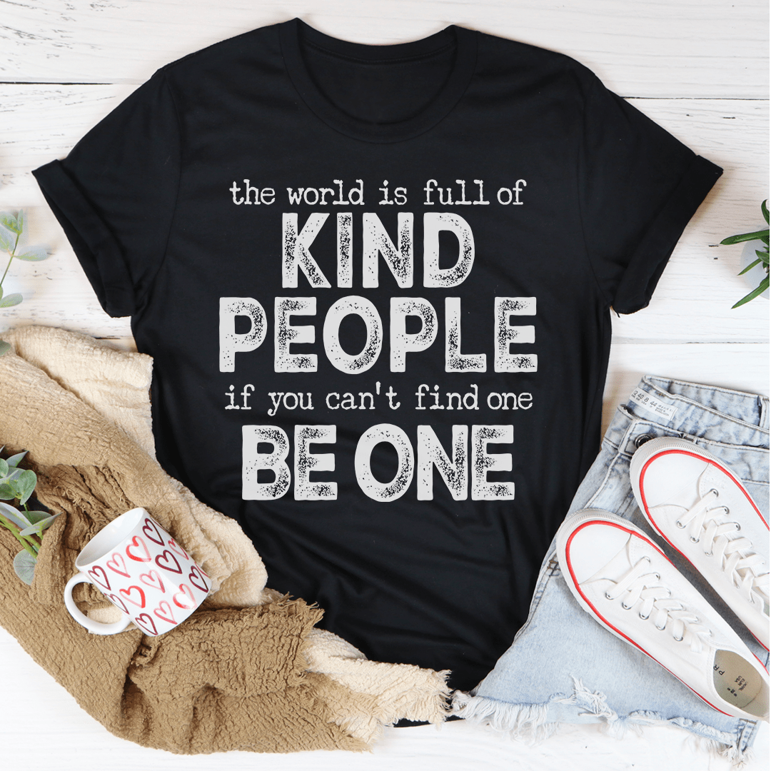 Black crewneck T-shirt with large 'KIND PEOPLE' and 'BE ONE' text