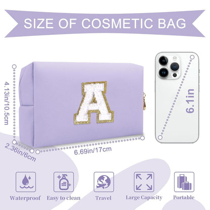 Personalized Makeup Bag Initial A-Z Preppy Patch Bag,Small PU Leather Travel Cosmetic Bag Pouch with Zipper,Purple Cute Toiletry Bag,Gift Ideal for Teen Girls Women Birthday Friend Mom,Latter A