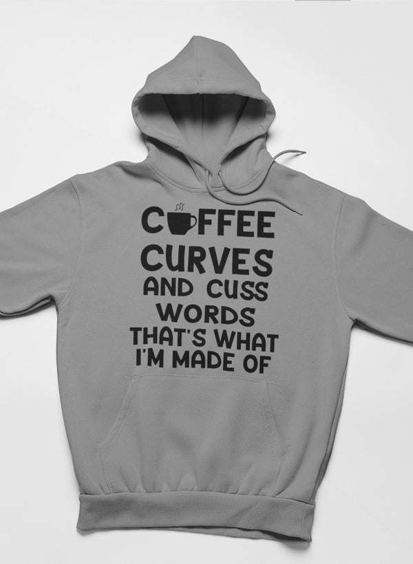 Dark heather grey hoodie with hood, kangaroo pocket, and 'COFFEE CURVES' graphic text