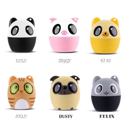 Six animal-faced Bluetooth pet speakers in different designs, front view