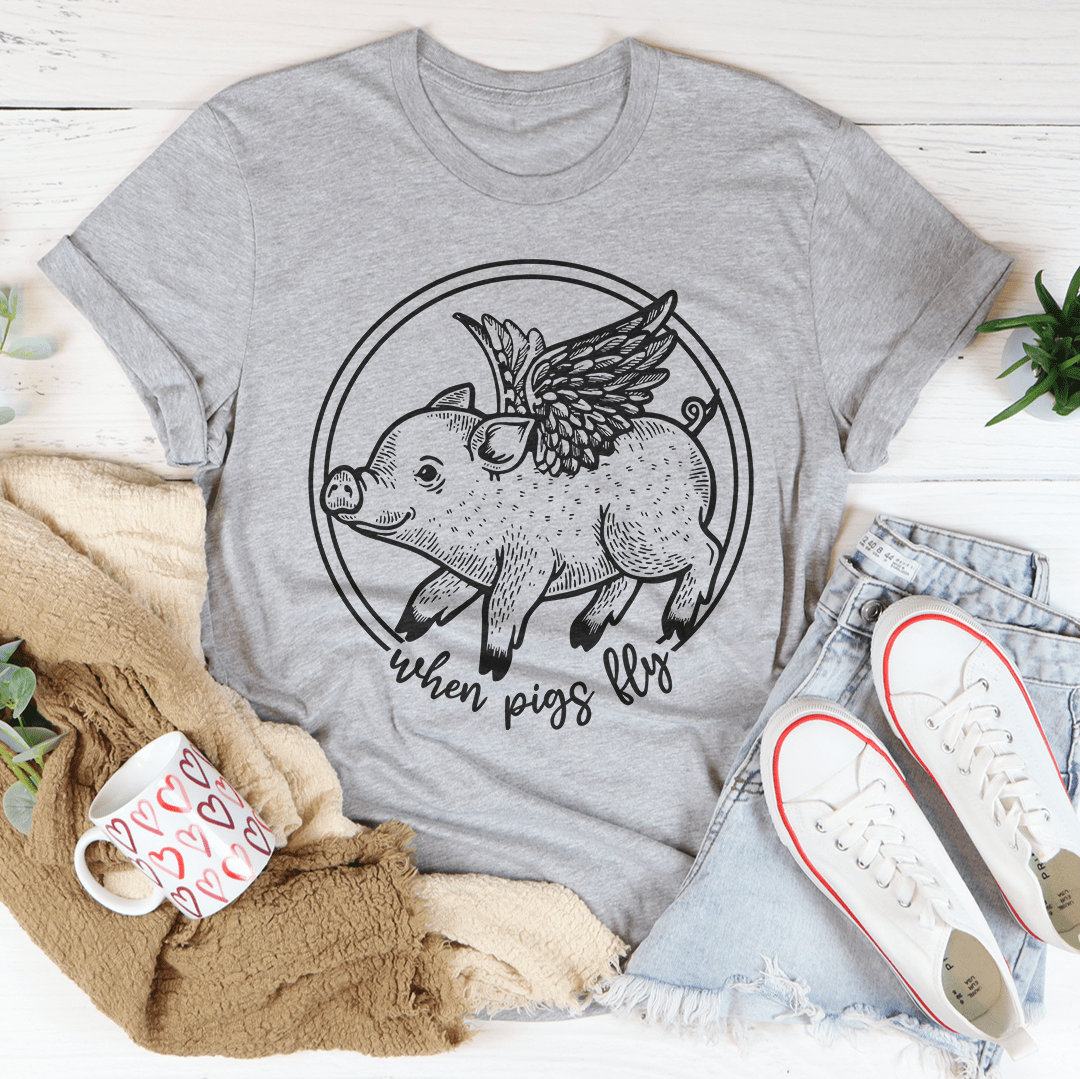 Heather gray crew-neck T-shirt with pig graphic in circular outline