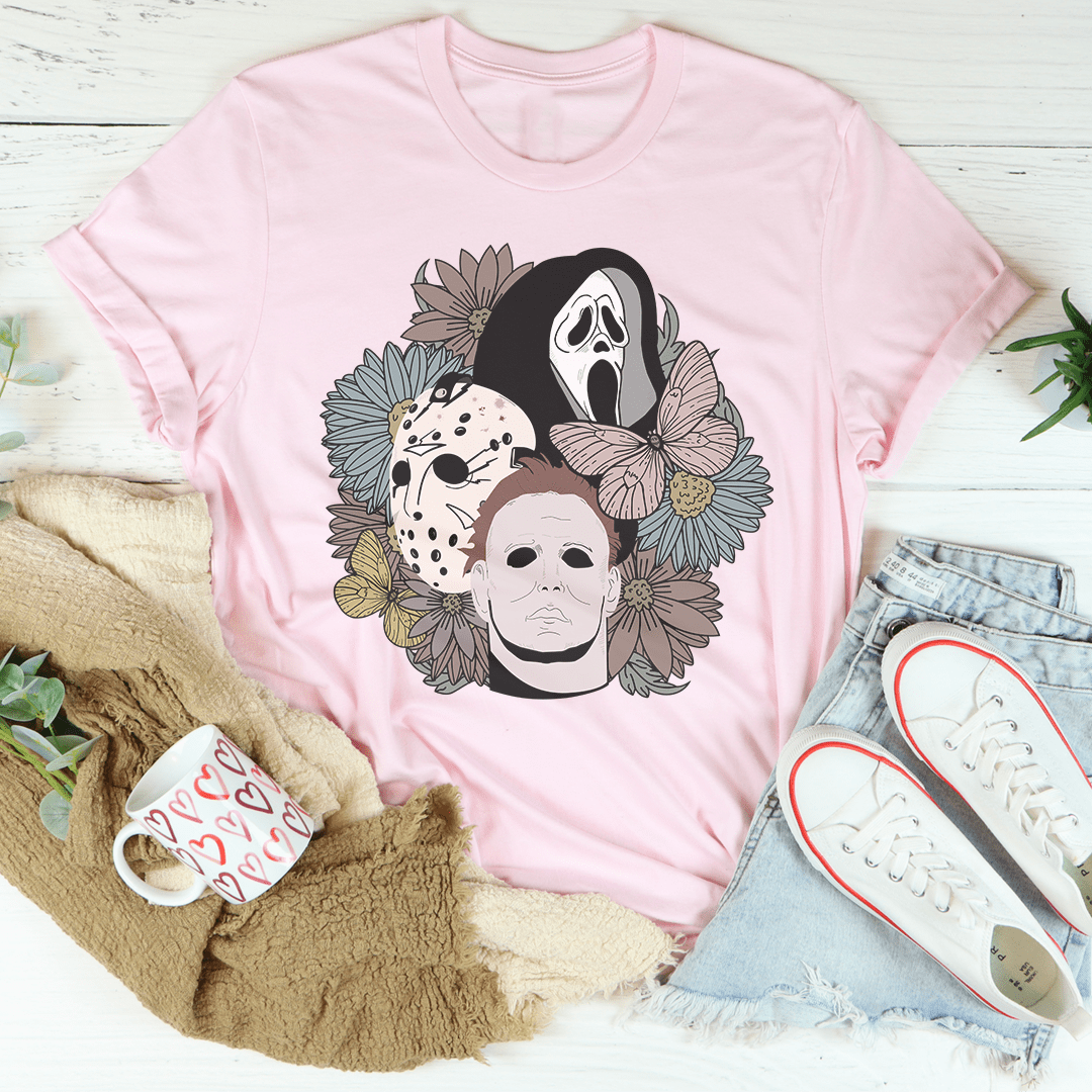 Boys fall floral T-shirt, soft pink, crew neck, illustrated masks surrounded by flowers