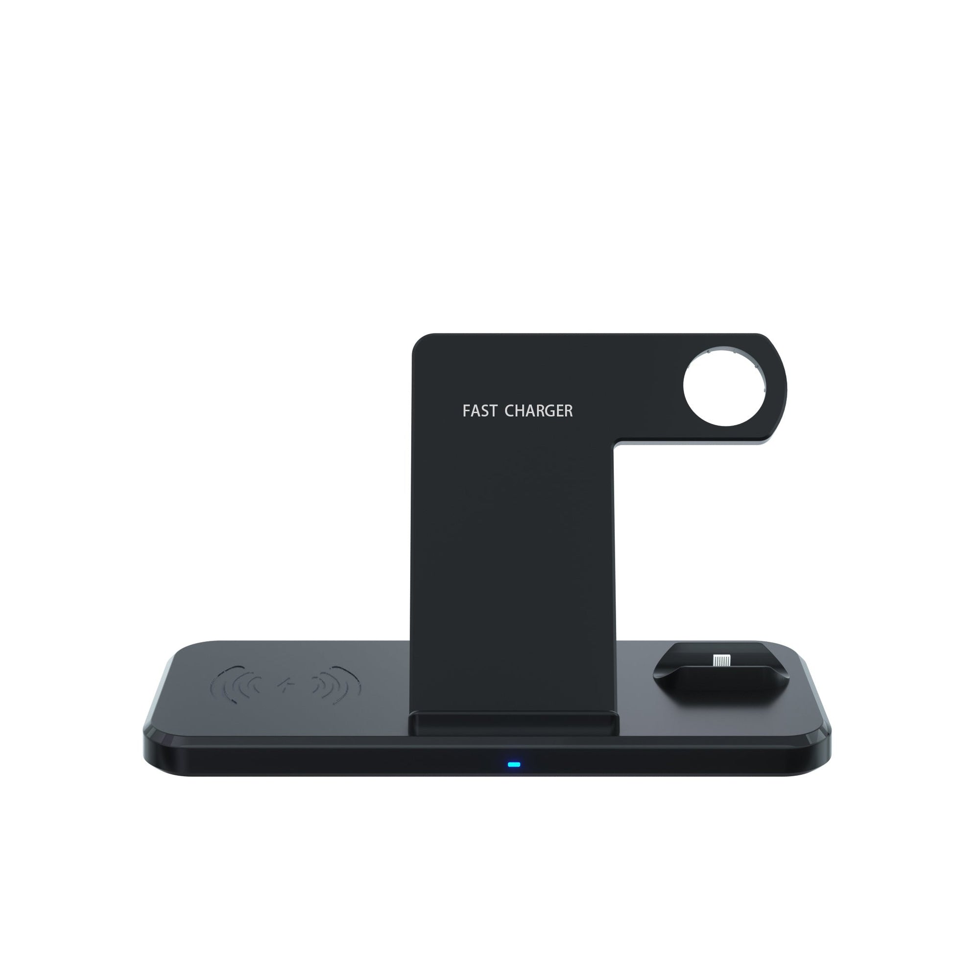 Black 4-in-1 foldable wireless phone charging dock with watch stand and side cradle