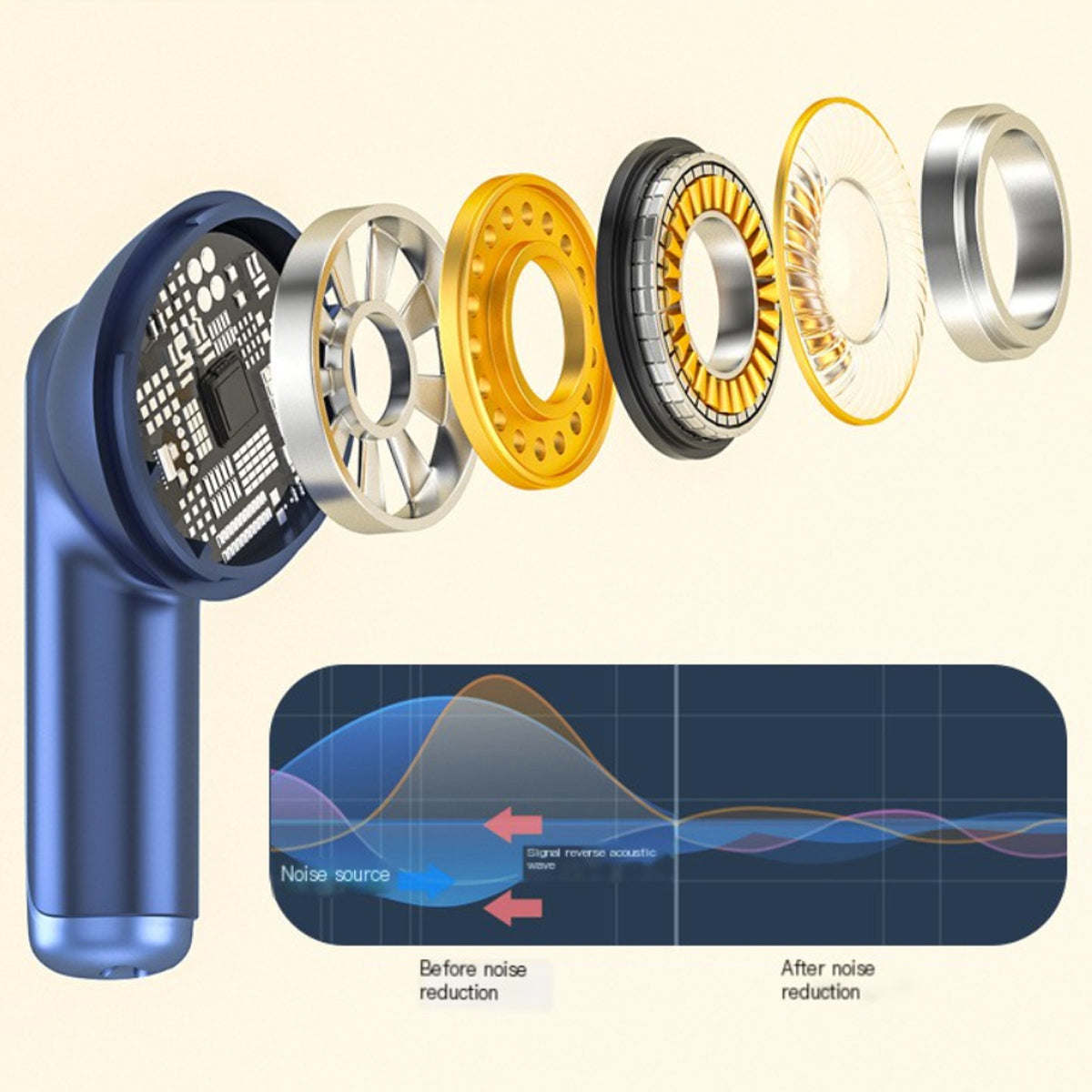 Wireless earbuds in dark blue with exposed sound driver components