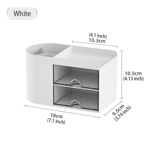 White desktop pen organizer with top tray and two front storage drawers