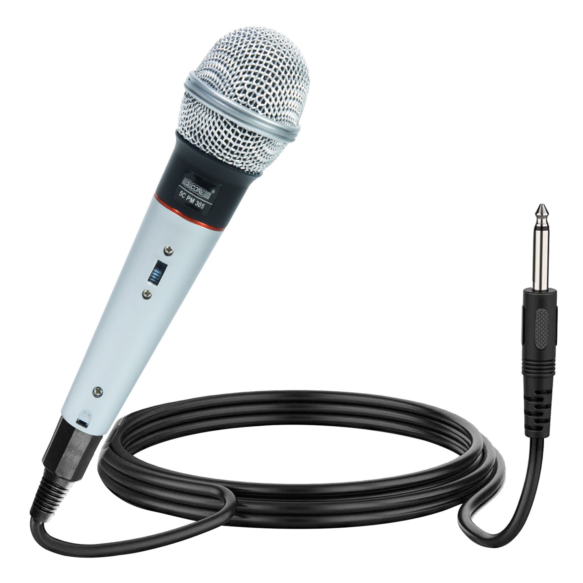Light blue wired handheld dynamic microphone with on/off control and XLR cable