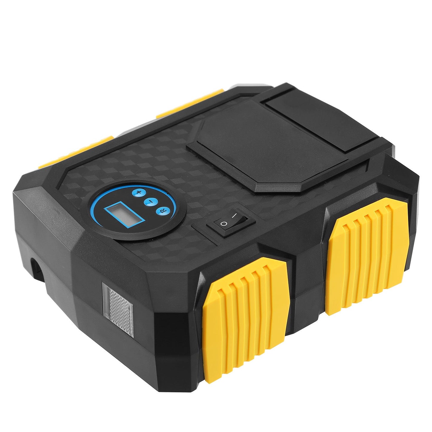 Yellow-and-black 12V tire inflator compressor with LCD display and power switch