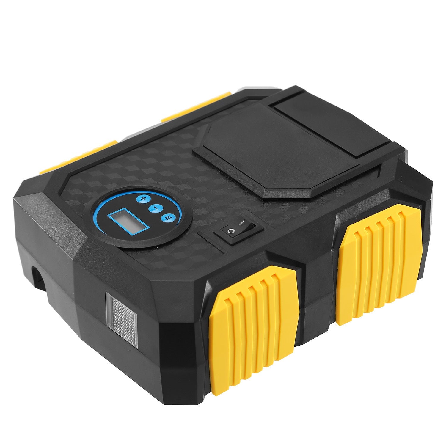 Yellow-and-black 12V tire inflator compressor with LCD display and power switch