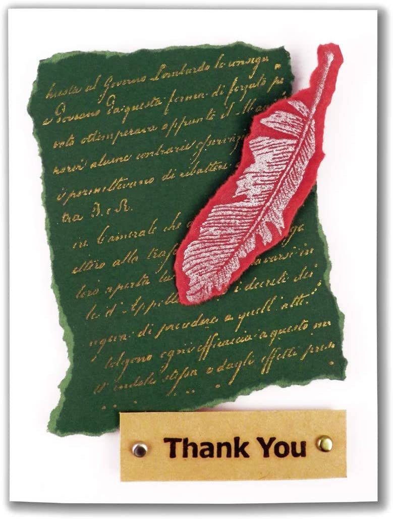 Stamped thank-you card with red feather design on green paper and a 'Thank You' tag.