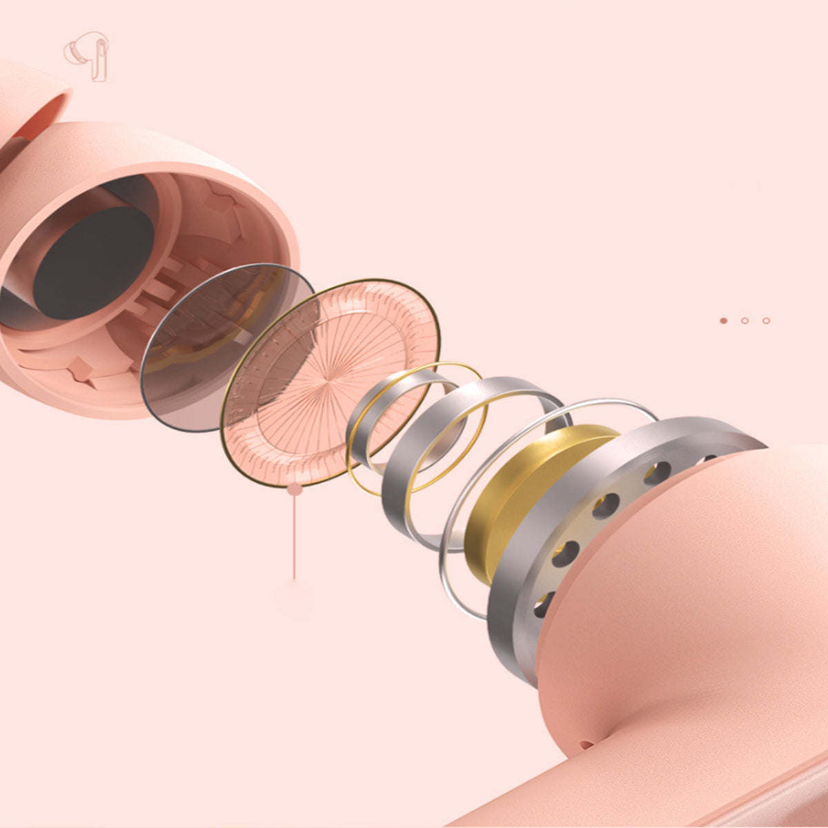 Pearl pink wireless earbud shown with internal speaker and filter layers