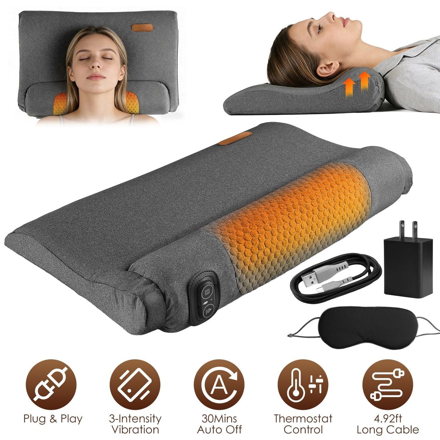Dark gray ergonomic neck massager pillow with contoured support and built-in control pads