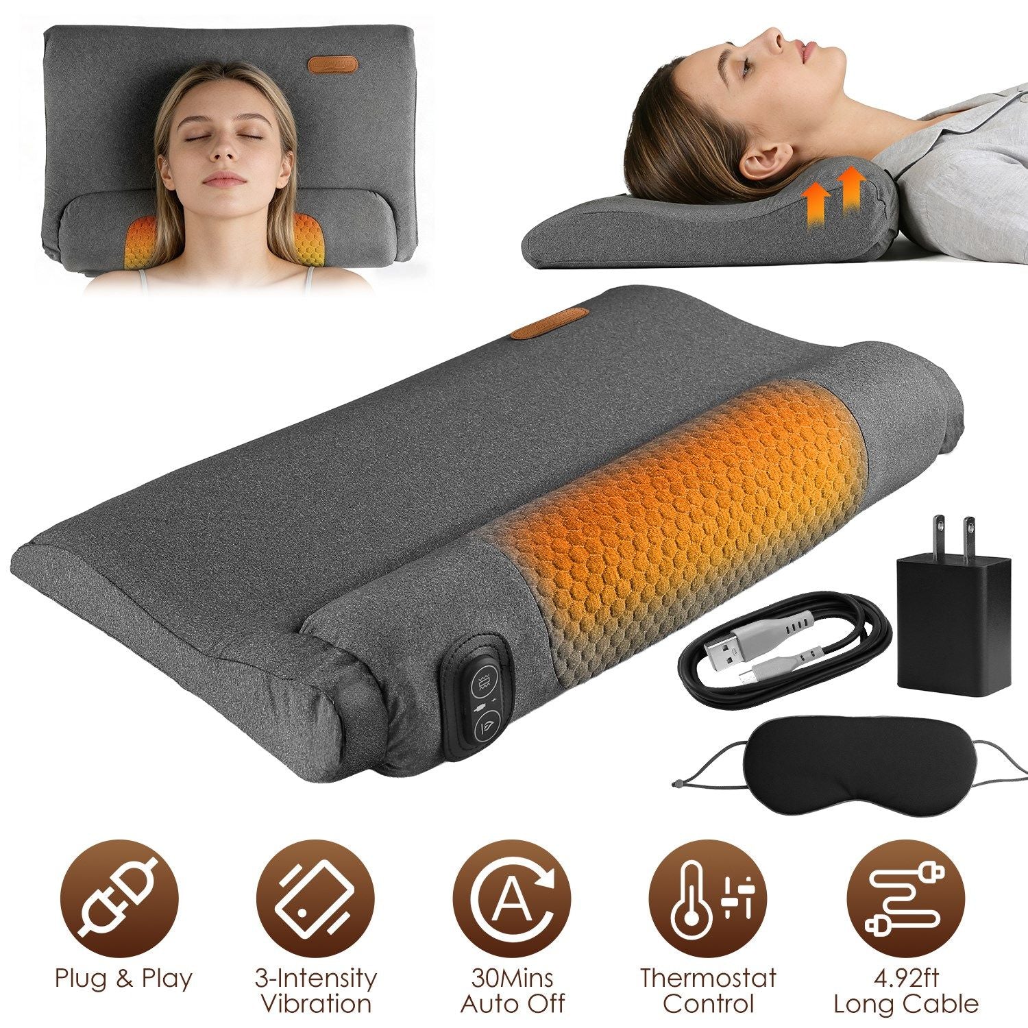 Dark gray ergonomic neck massager pillow with contoured support and built-in control pads