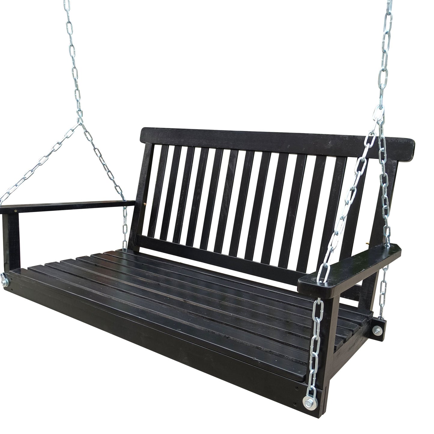 Black wood bench swing with armrests, slatted back, and hanging chains.