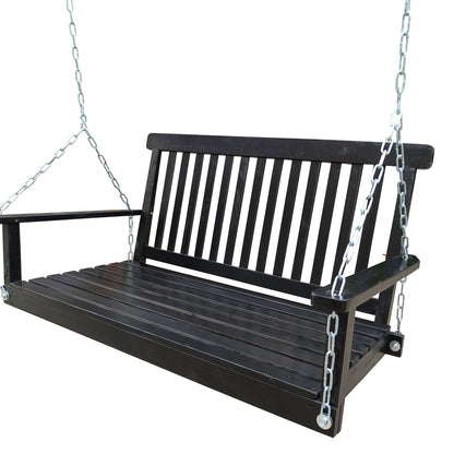 Black wood bench swing with armrests, slatted back, and hanging chains.