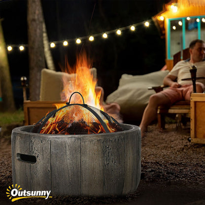 Outdoor Fire Pit with Stump Effect, 18-inch Wood-burning Brazier Fireplace with Spark Screen & Poker for Backyard Camping Bonfire, Dark Brown