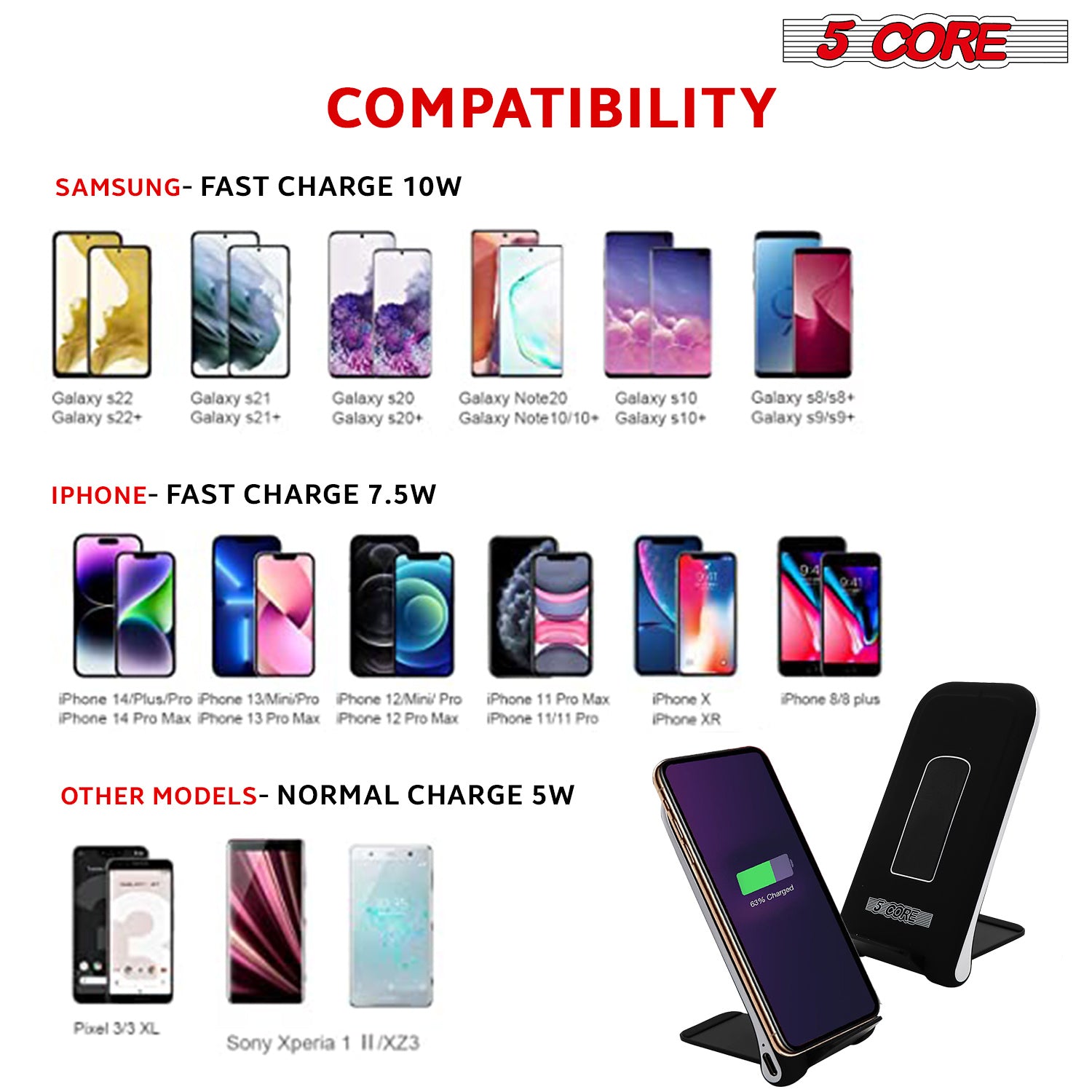 Wireless charging stand with smartphone compatibility phones and two docks