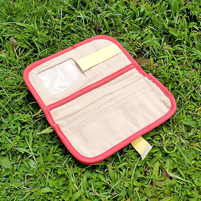 Embroidered fabric wallet purse open view, tan interior with card slots, pink border