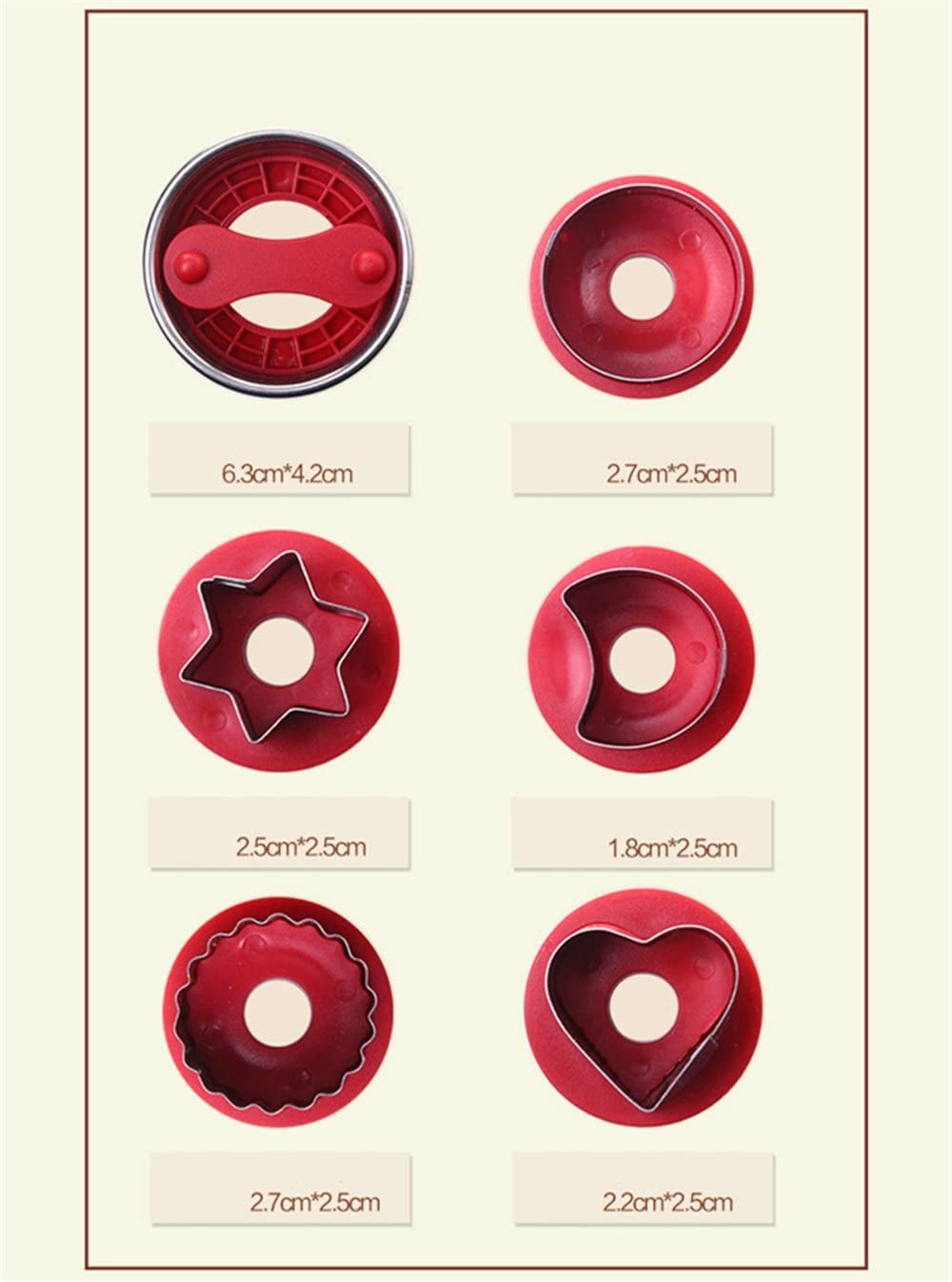 Cookie cutter set diagram showing red mold shapes with size measurements