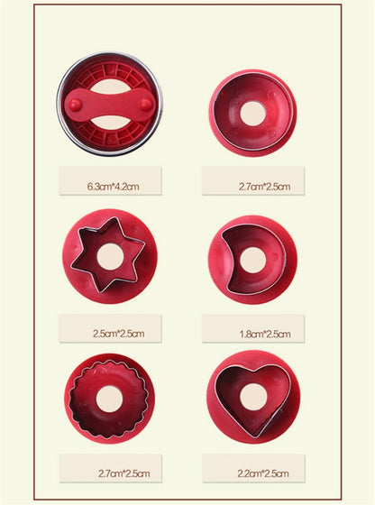 Cookie cutter set diagram showing red mold shapes with size measurements