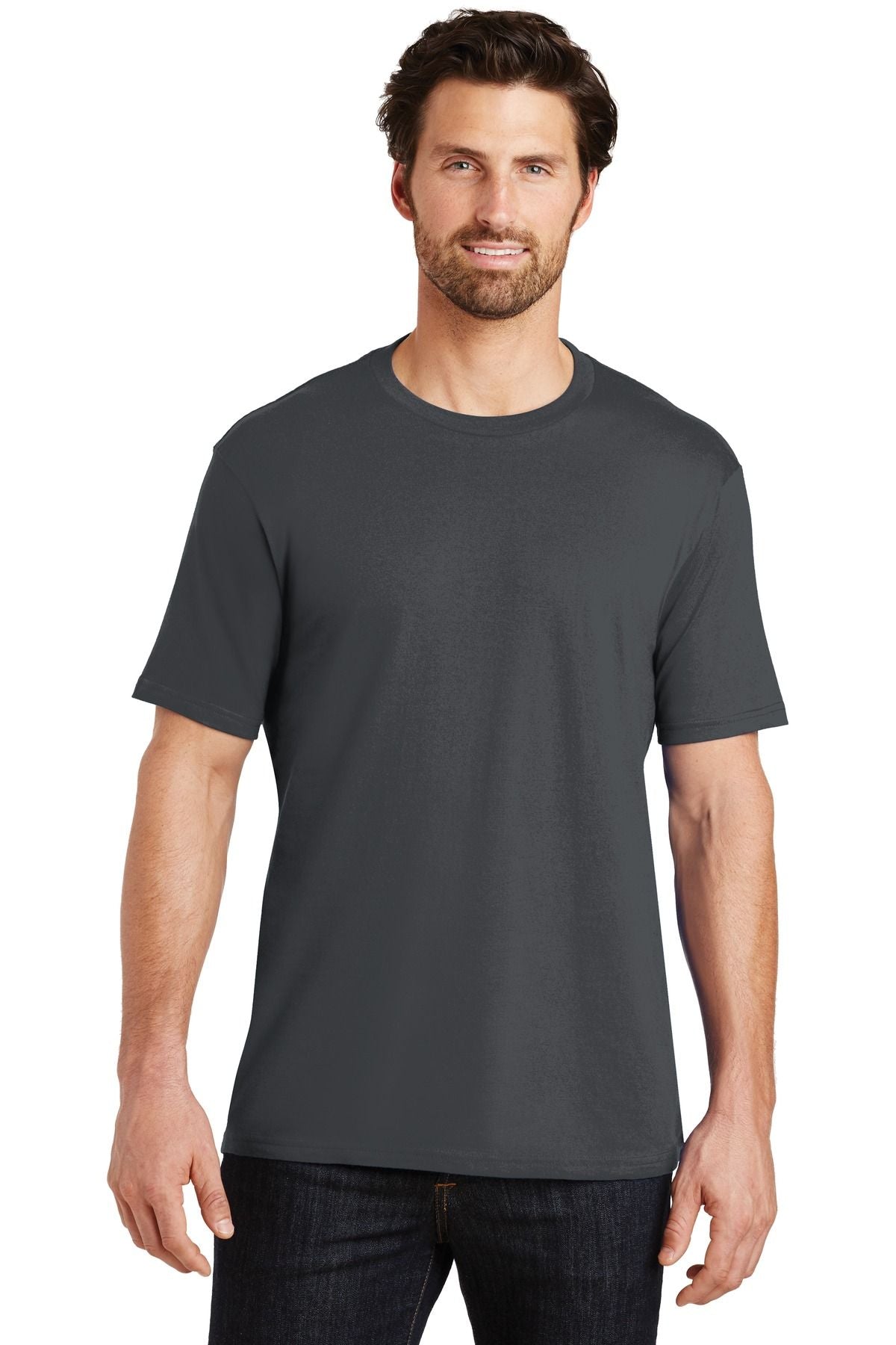 Dark charcoal crew-neck tee with short sleeves and a straight hem