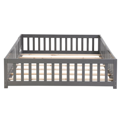 Full Size Floor Bed with Door, Solid Wood Platform Bed Frame with Fence, Suitable for children, Pine Wood
