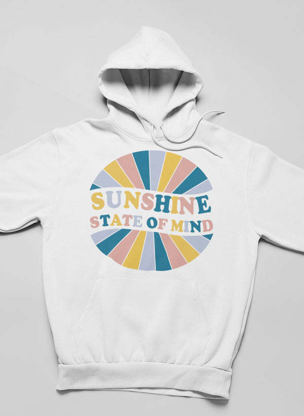 White hoodie with hood and kangaroo pocket, featuring a multicolor circular text graphic