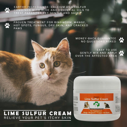 Lime Sulfur Cream jar with white lid and orange label beside a cat