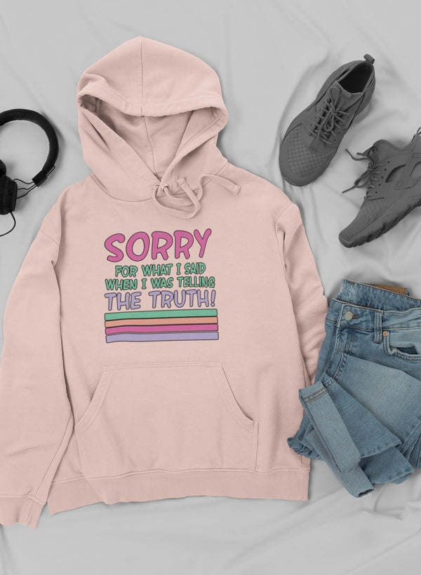 Pink hoodie with front slogan graphic, drawstring hood, and kangaroo pocket