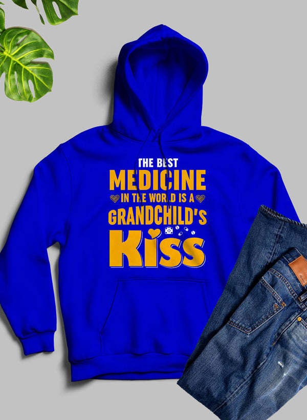 Blue hoodie with front "The Best Medicine" Kiss graphic, hood and kangaroo pocket.