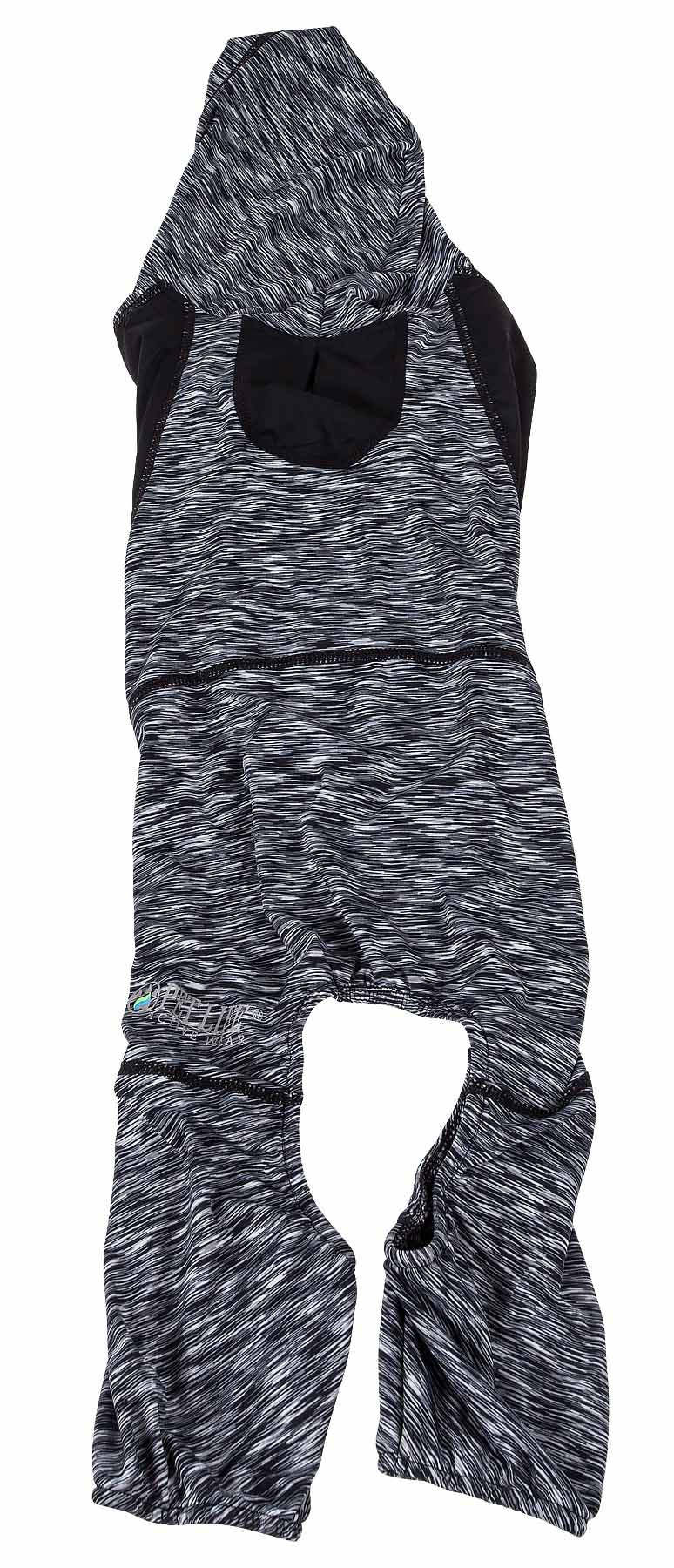 Two-tone heathered dog warm-up jumpsuit hoodie with front pouch pocket and leg openings