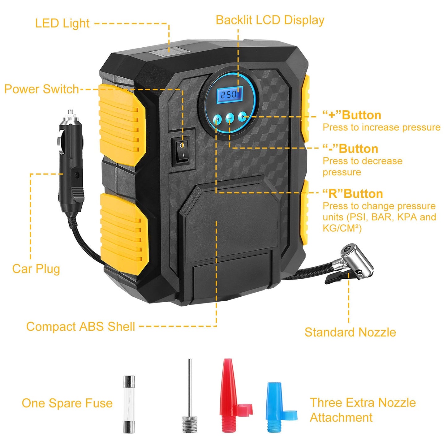 12V tire inflator pump with backlit LCD, LED light, and metal nozzle