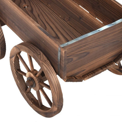 Wood wagon planter pot stand with wheels, close-up of wheel and metal bands