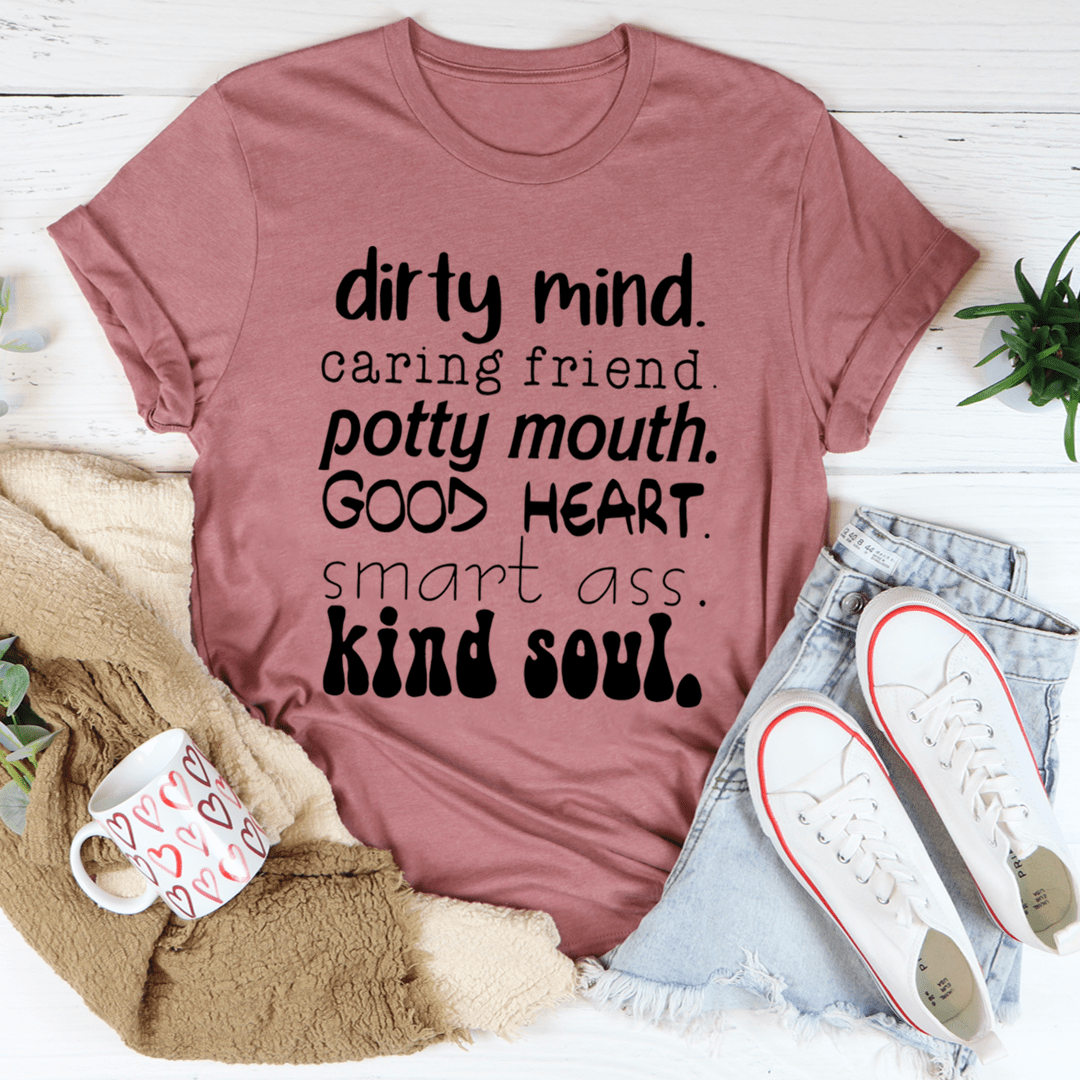 Mauve crewneck T-shirt with large black text slogan on front