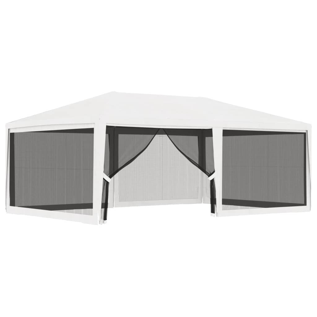 White party tent with gray mesh side panels and draped center doorway curtain