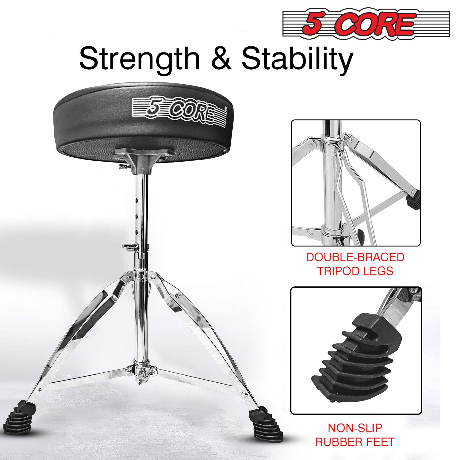 Black padded drum throne seat with chrome double-braced tripod legs and non-slip feet