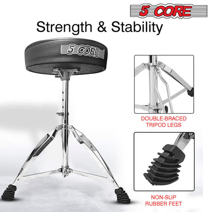 Black padded drum throne seat with chrome double-braced tripod legs and non-slip feet