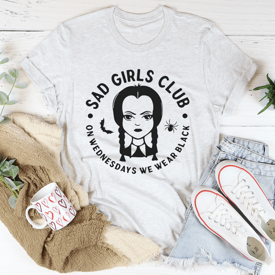 Light gray crewneck T-shirt with black Sad Girls Club graphic and short sleeves