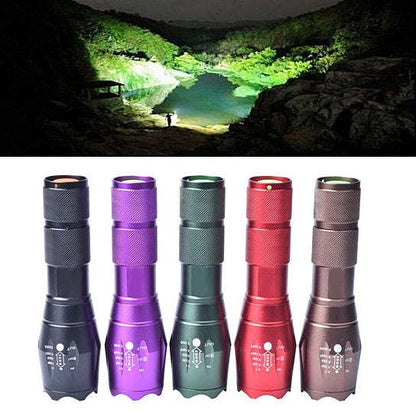 Five colored zoomable flashlights: black, purple, green, red, and bronze bodies