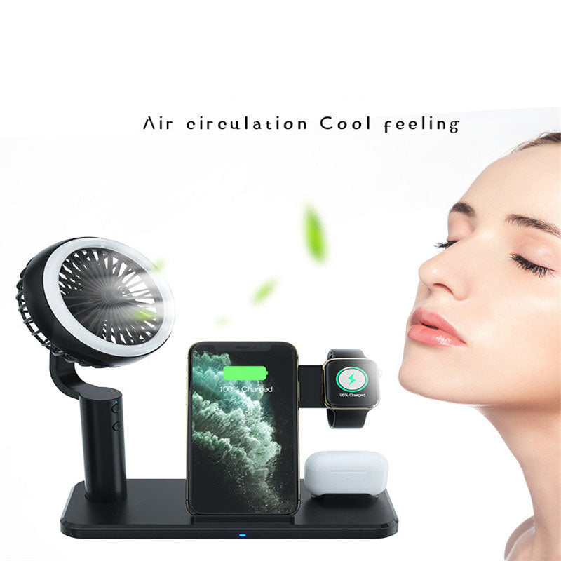 Black wireless charging dock with fan and phone and smartwatch charging stands