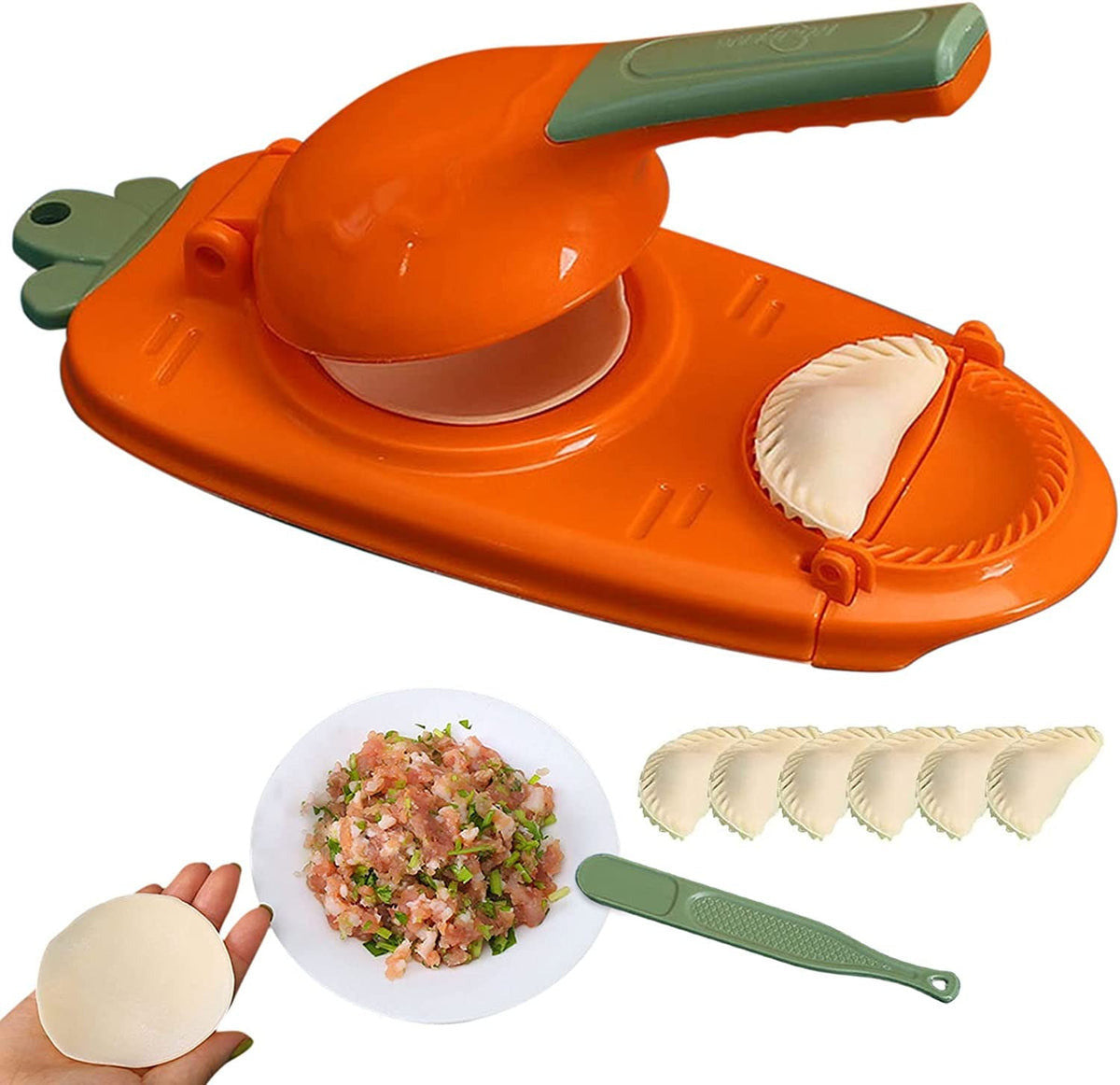 Orange 2-in-1 manual dough press with green handle and round dumpling mold
