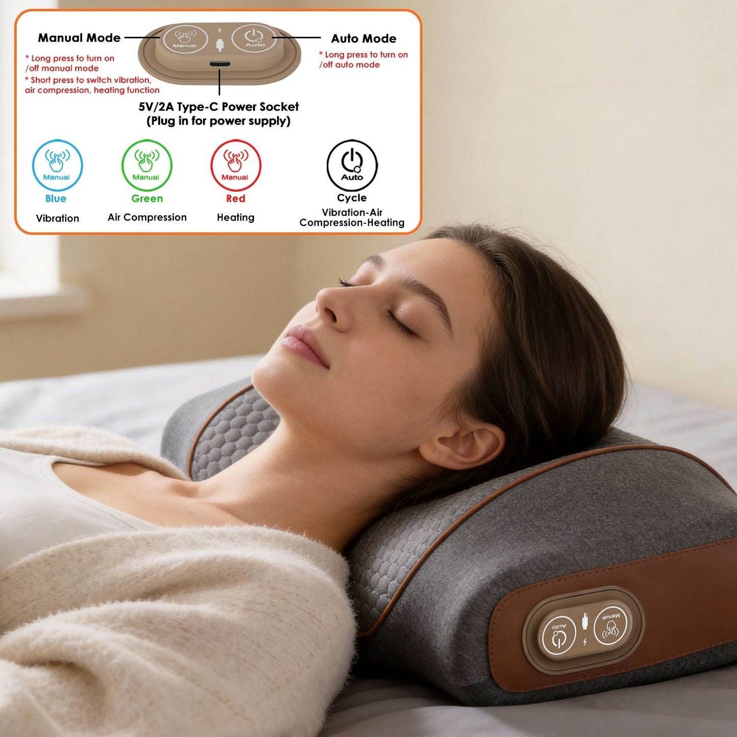 3-in-1 neck massager pillow in dark grey resting on neck during heating massage