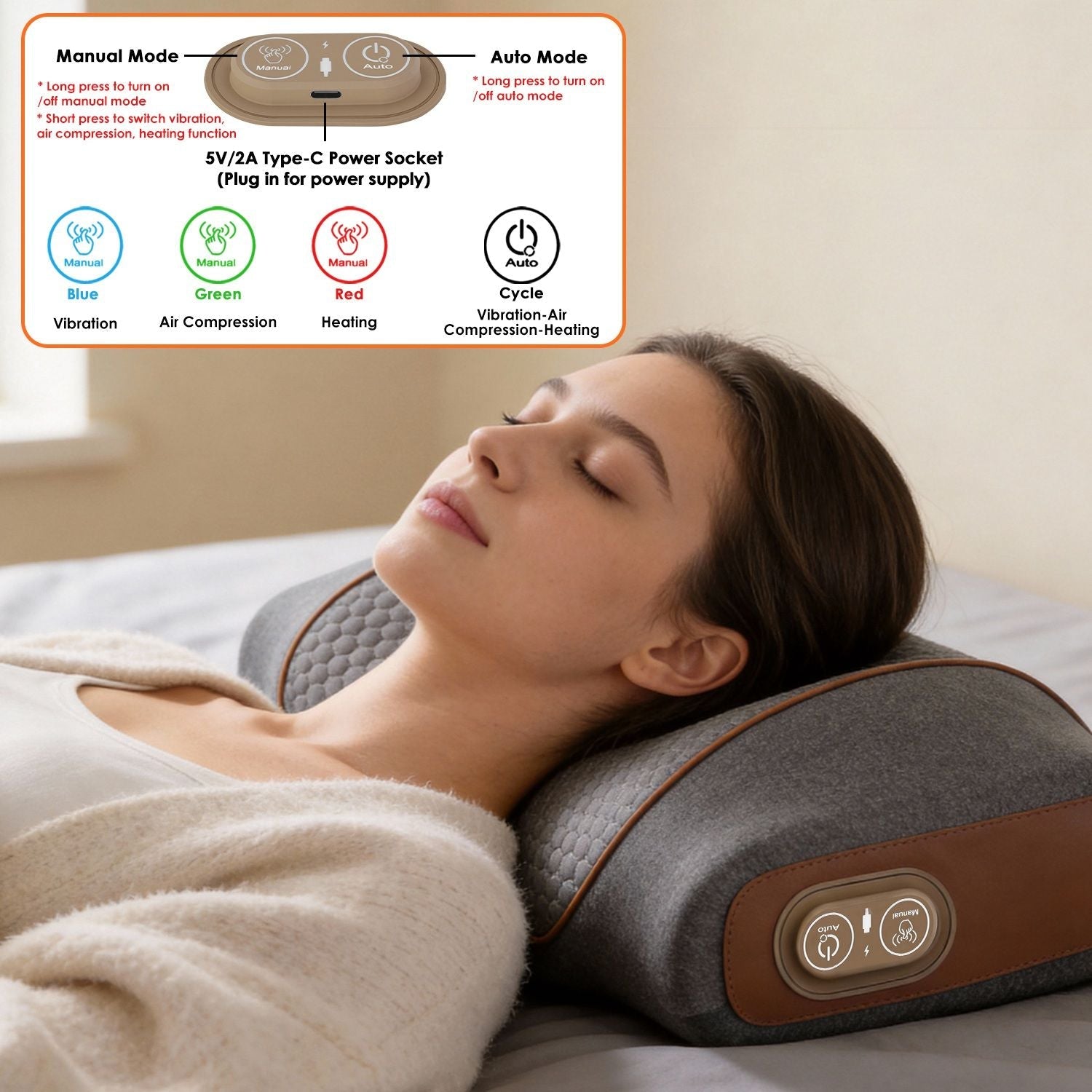 3-in-1 neck massager pillow in dark grey resting on neck during heating massage