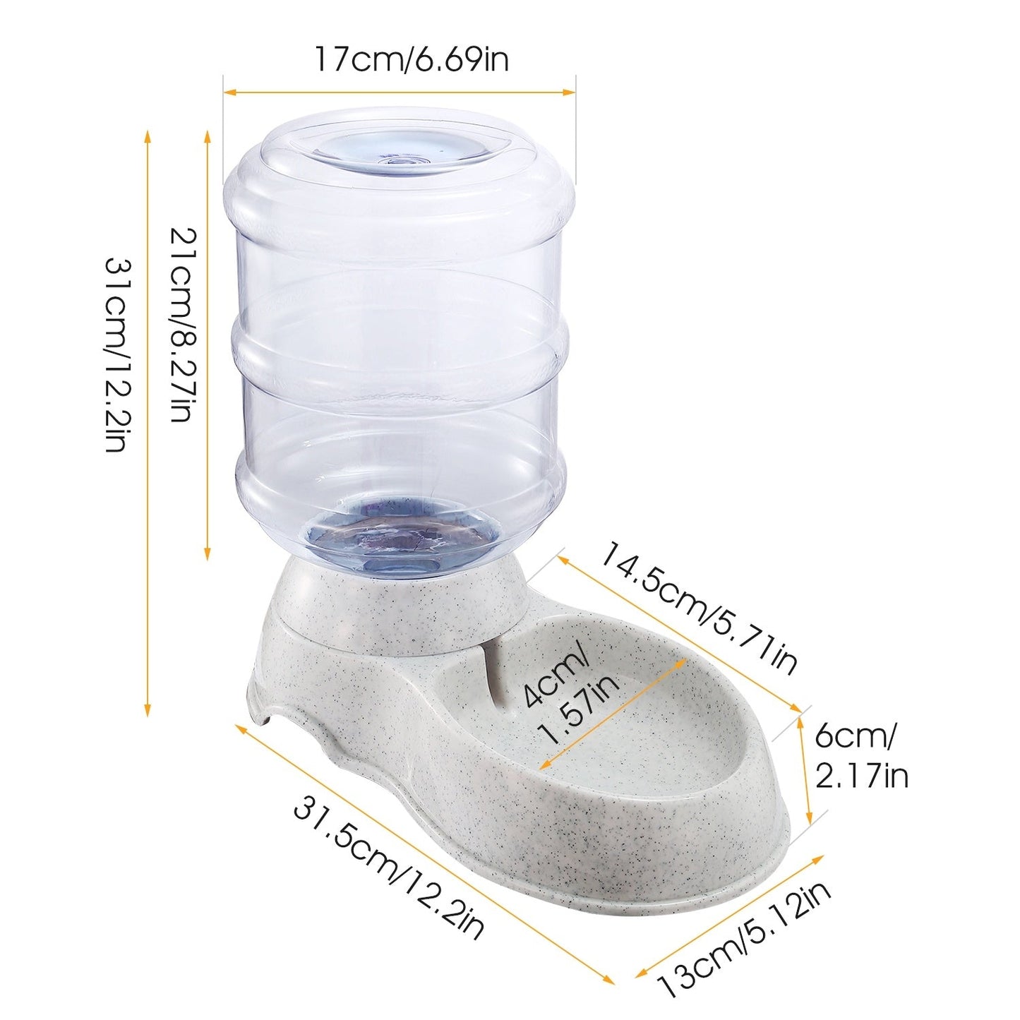 Pet water dispenser size diagram showing clear barrel and speckled gray base