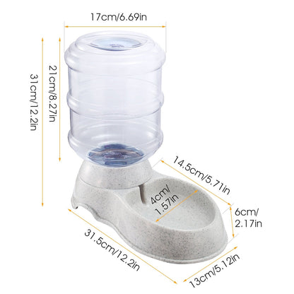 Pet water dispenser size diagram showing clear barrel and speckled gray base