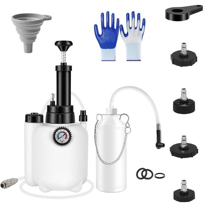 Brake bleeding kit set with white pump, funnel, blue gloves, hose, and adapter fittings