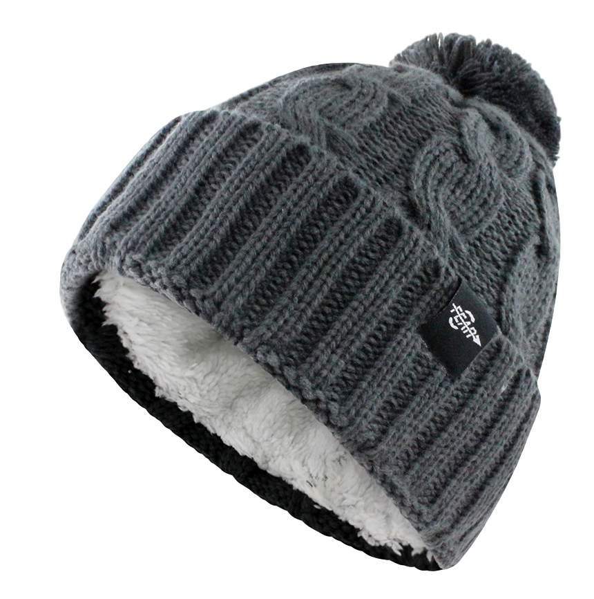 Women’s knit cable beanie with plush lining and folded cuff, gray knit pom-pom top